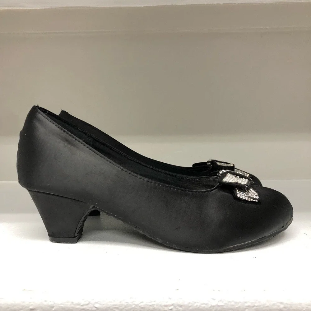 Kenneth Cole Reaction Kids Black Satin‎ Rhinestone Bow Heels Girls Dress Shoes